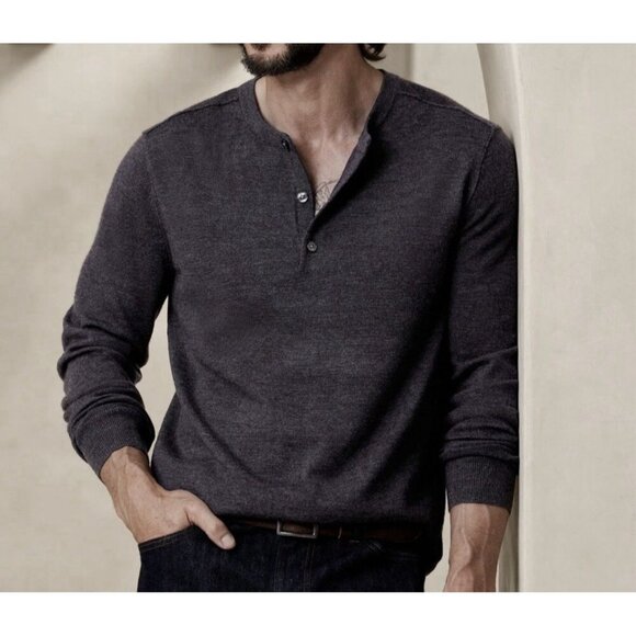 BR BANANA REPUBLIC Mens Large Gray 100% Merino Fine Wool Henley Sweater Polo - Picture 1 of 8